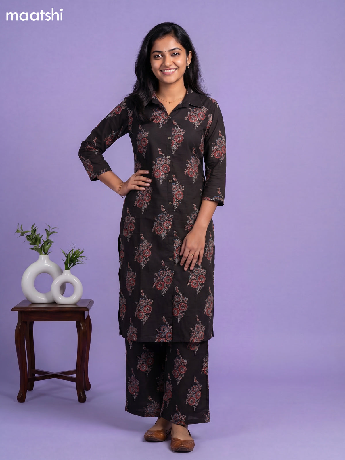 Deep Coffee Brown Cotton Printed Co-Ord Set
