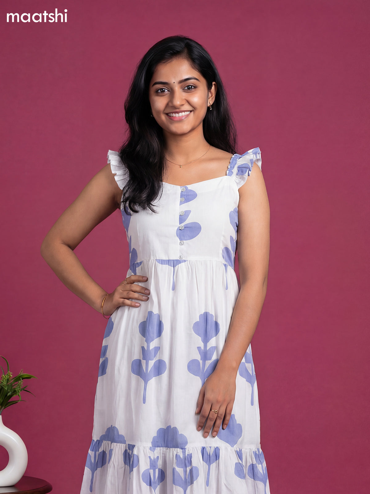Off White and Blue Cotton Printed & Without Sleeave Anarkali Kurti