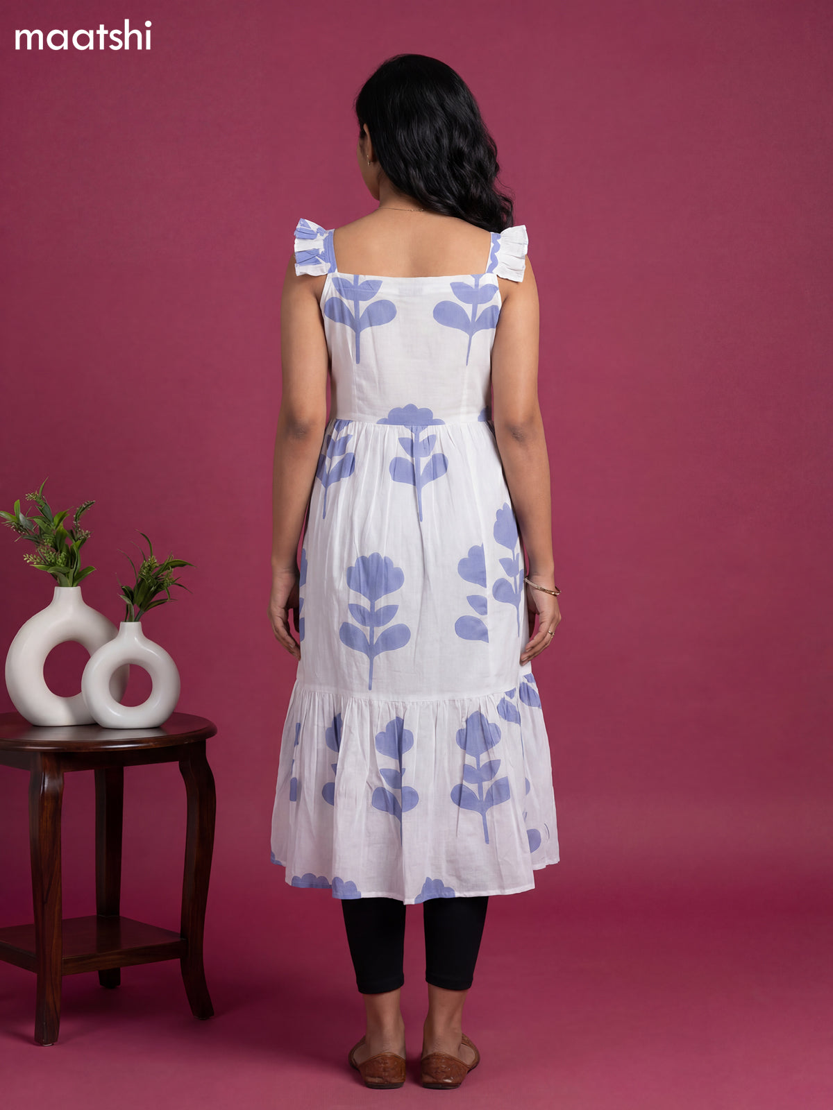 Off White and Blue Cotton Printed & Without Sleeave Anarkali Kurti