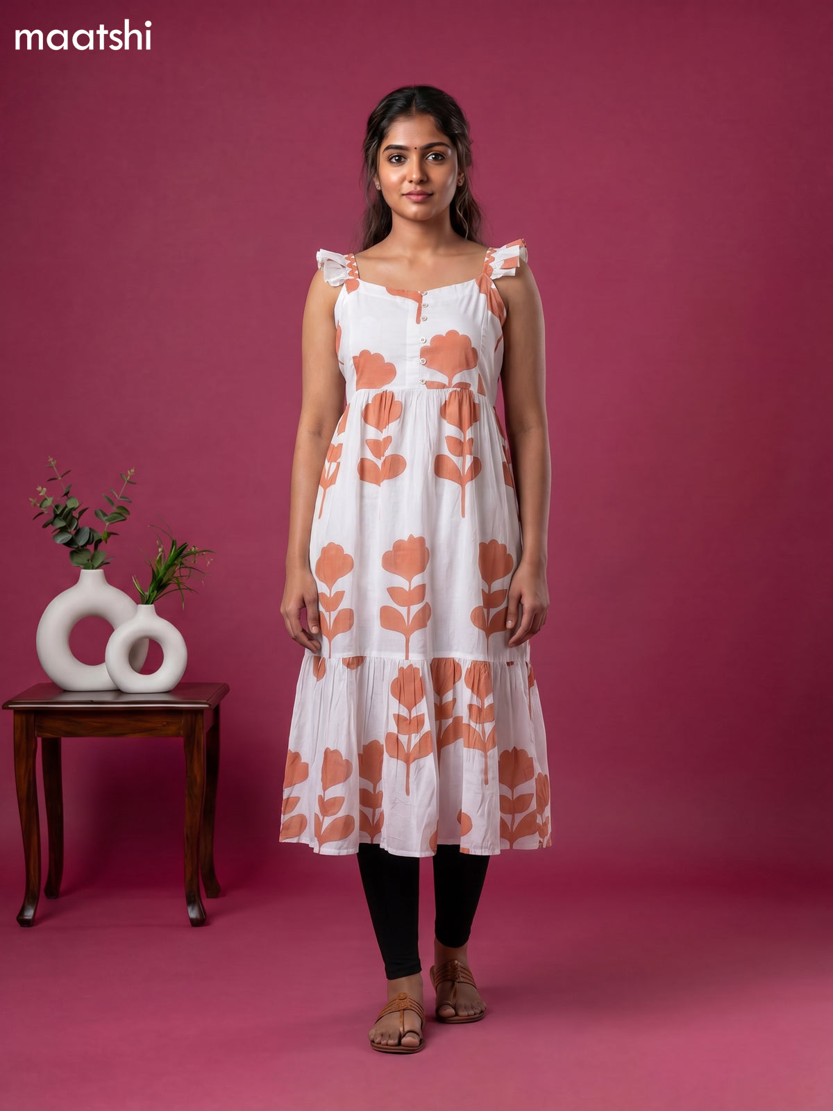 Off White and Peach Orange Cotton Printed & Without Sleeave Anarkali Kurti