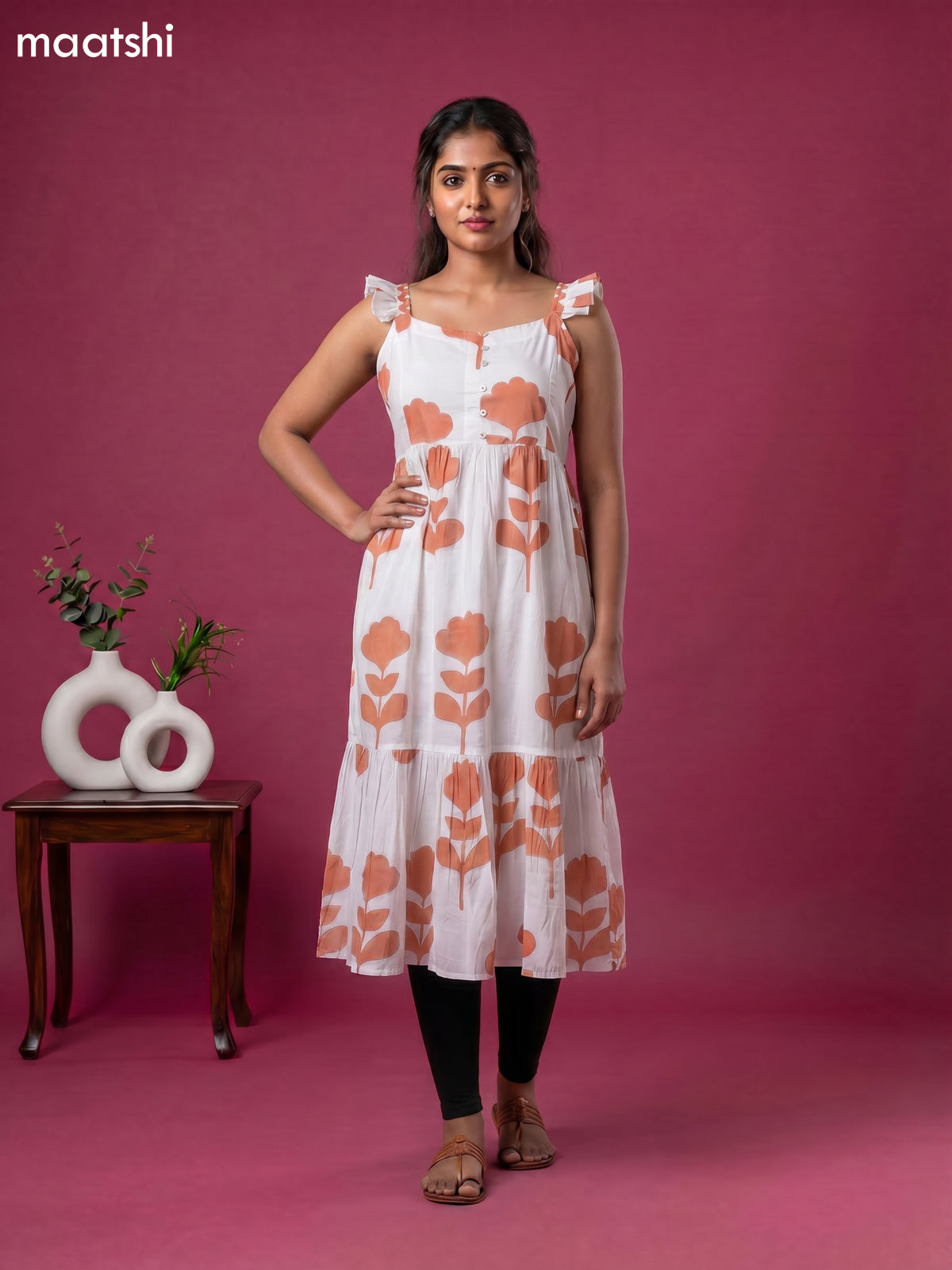 Off White and Peach Orange Cotton Printed & Without Sleeave Anarkali Kurti