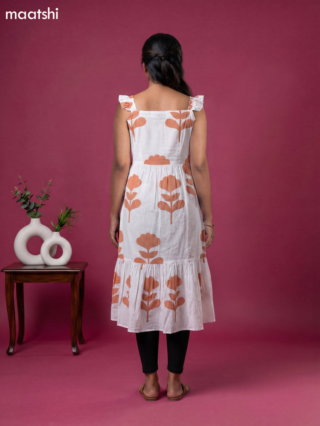 Off White and Peach Orange Cotton Printed & Without Sleeave Anarkali Kurti