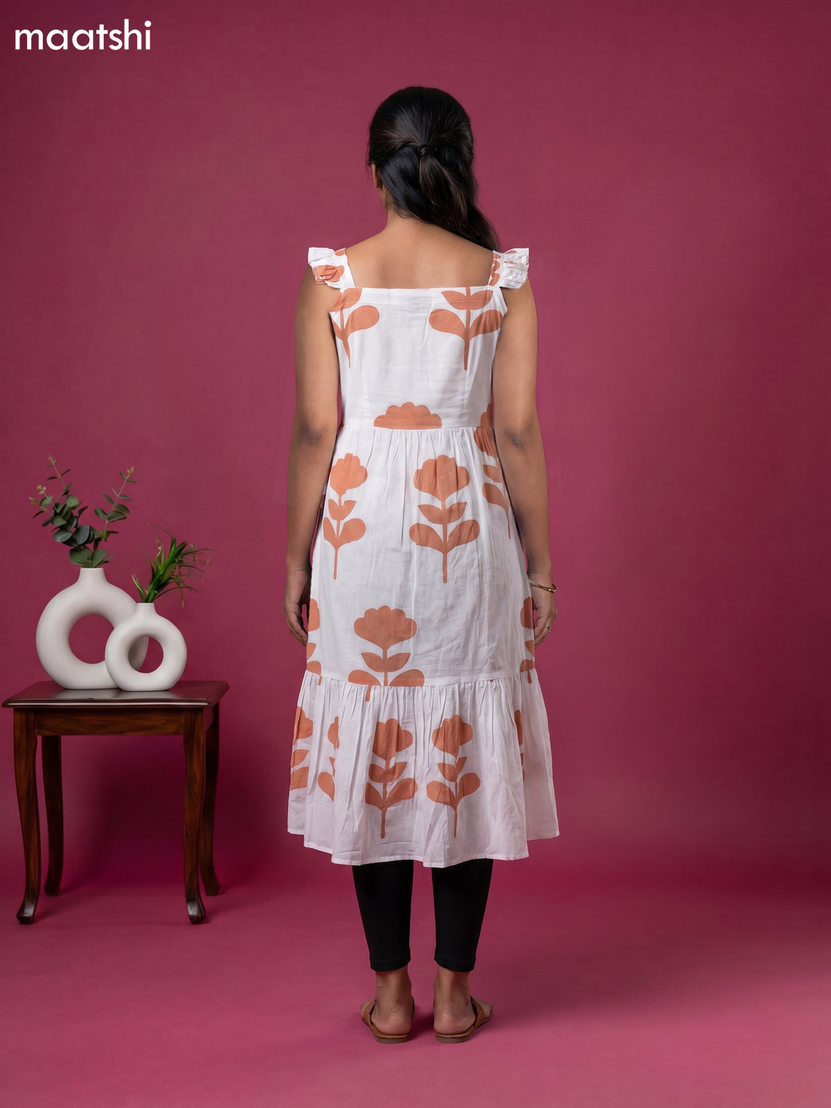 Off White and Peach Orange Cotton Printed & Without Sleeave Anarkali Kurti