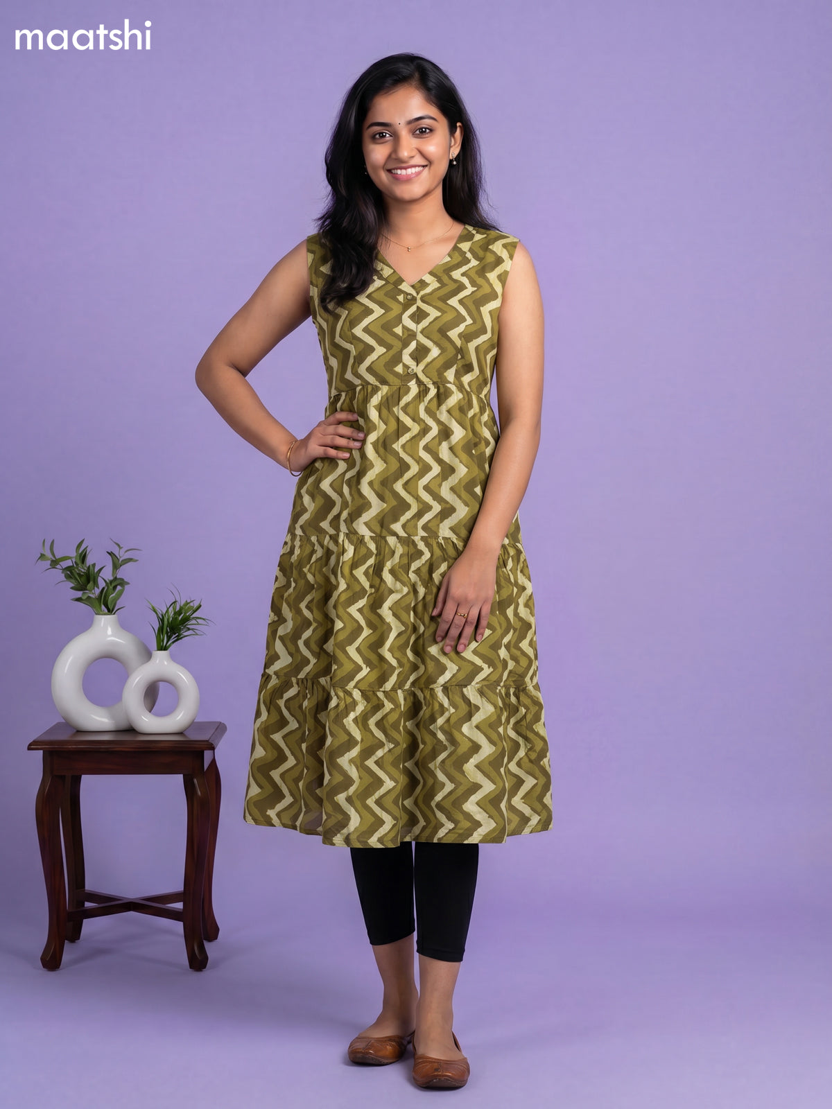 Mehendi Green Cotton Zig & Zag Printed Anarkali Kurti