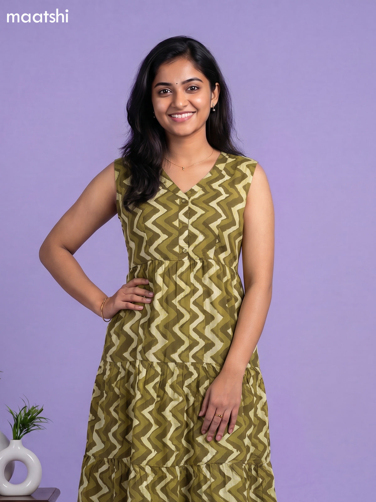 Mehendi Green Cotton Zig & Zag Printed Anarkali Kurti