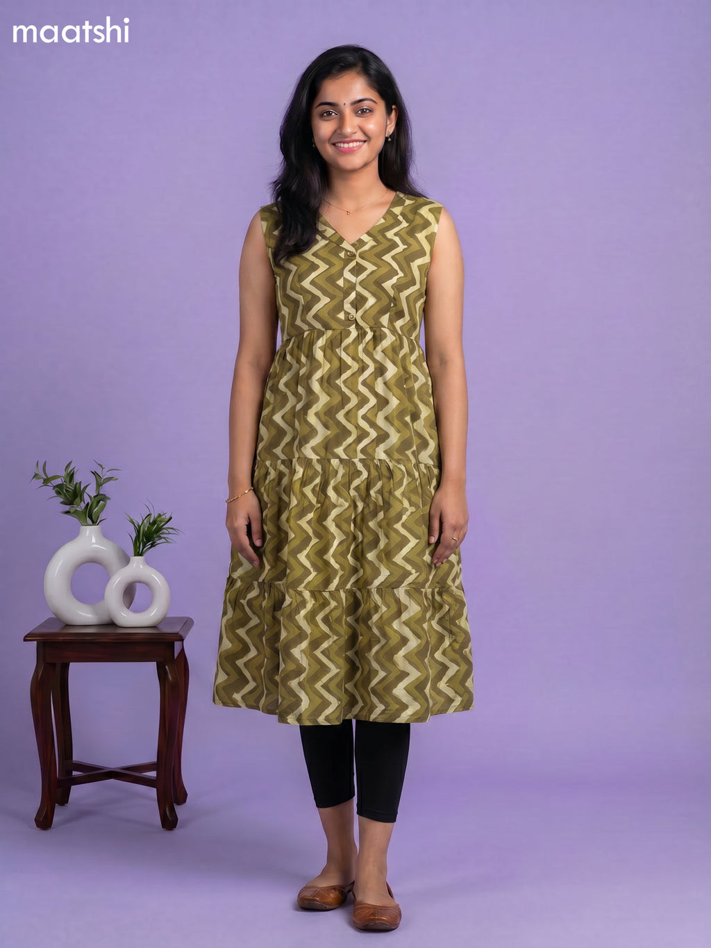 Mehendi Green Cotton Zig & Zag Printed Anarkali Kurti