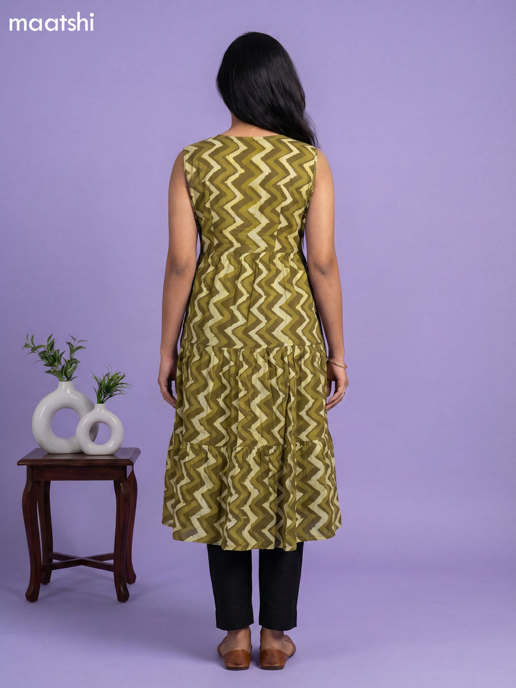 Mehendi Green Cotton Zig & Zag Printed Anarkali Kurti