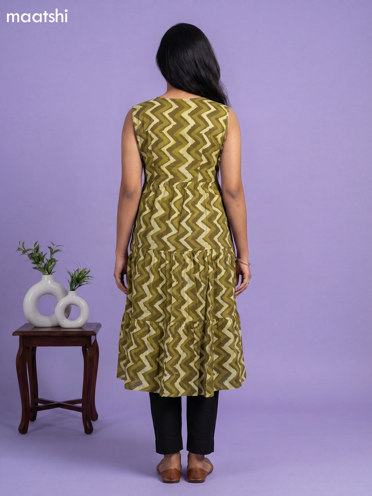 Mehendi Green Cotton Zig & Zag Printed Anarkali Kurti