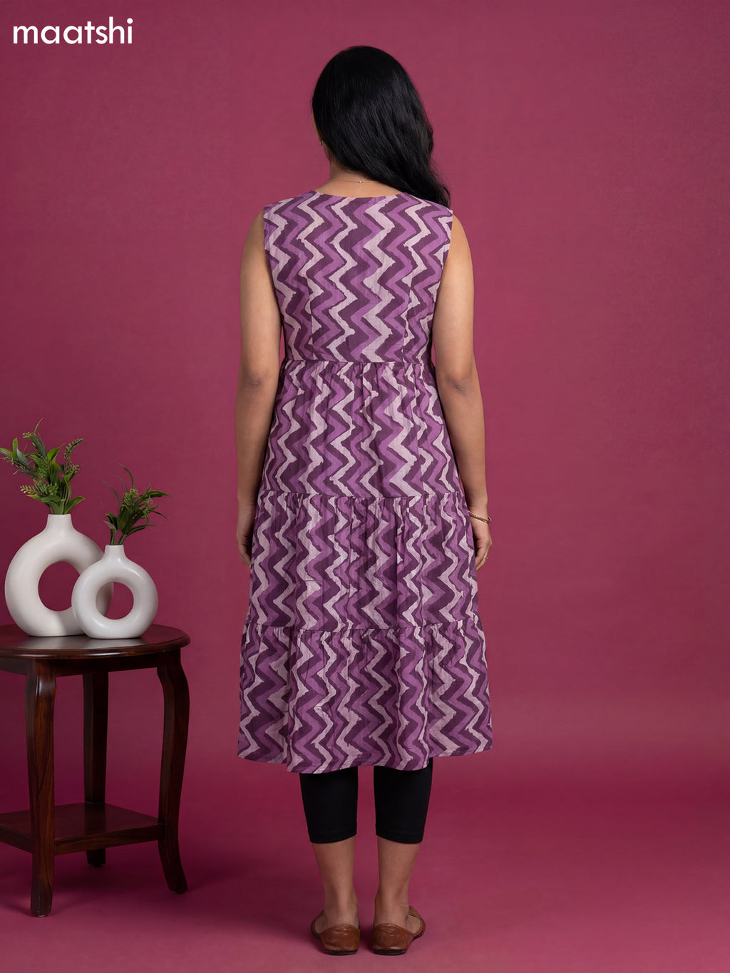 Pastel Purple Cotton Zig & Zag Printed Anarkali Kurti