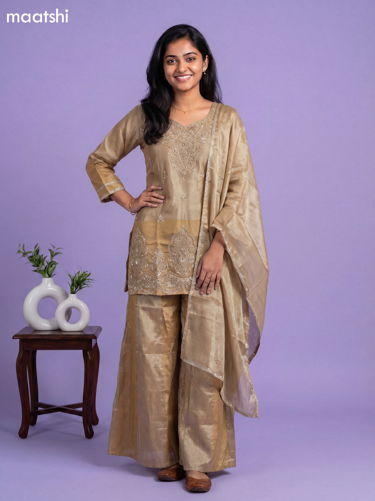 Dark Beige and Gold Tissue Embroidery Work Short Straight Suit