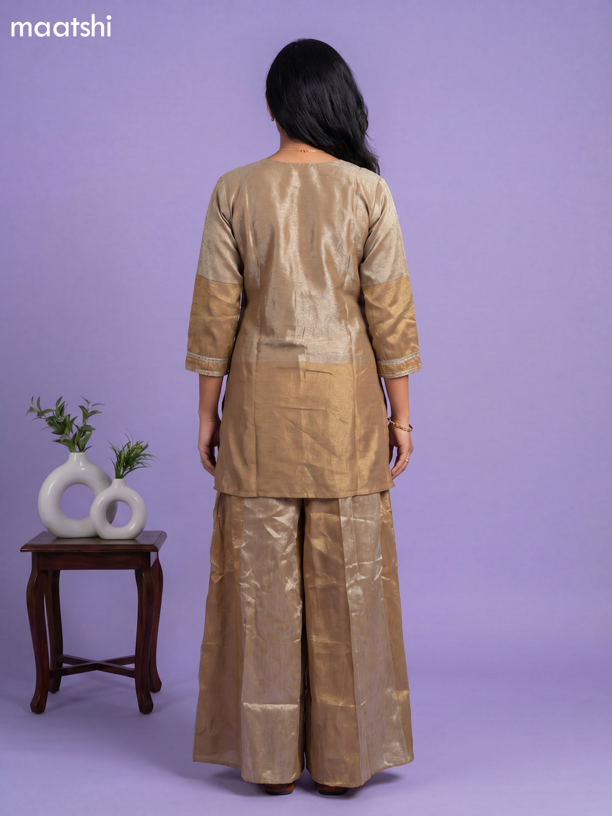 Dark Beige and Gold Tissue Embroidery Work Short Straight Suit