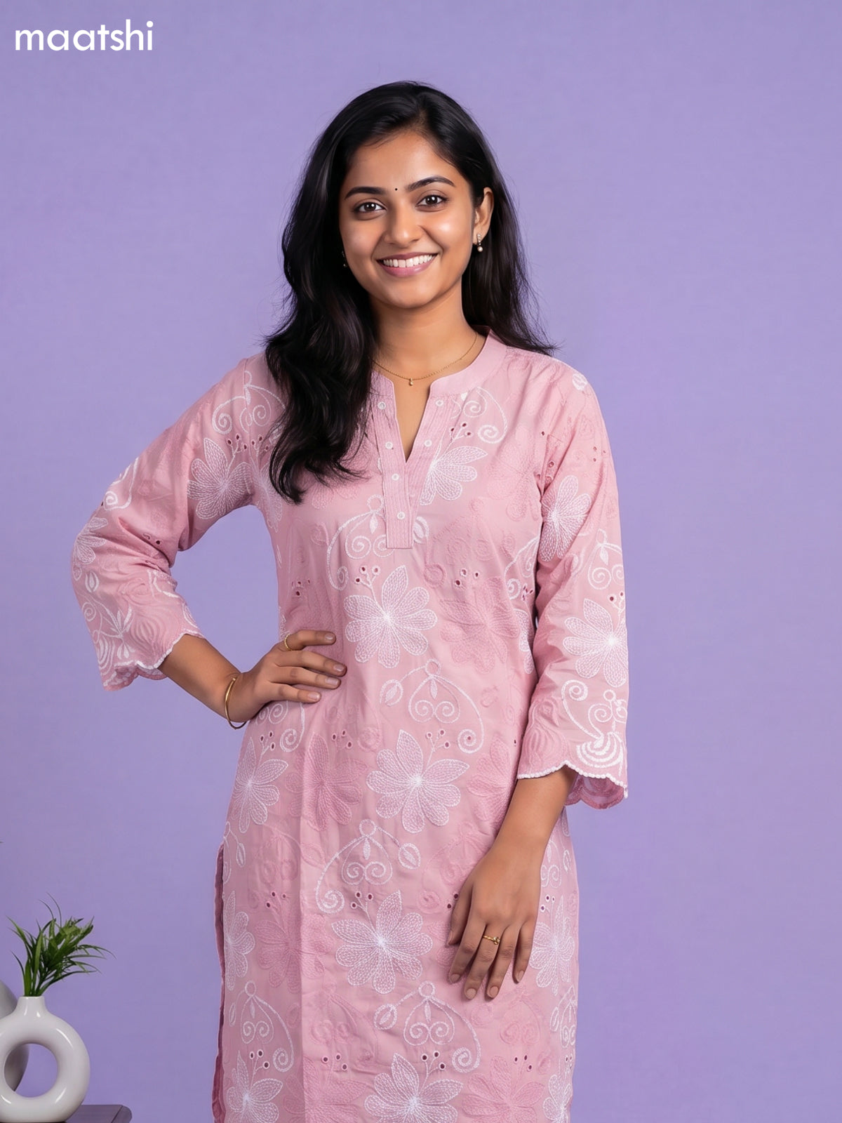 Dark Peach Cotton Embroidery & Hakoba Work Kuti Set