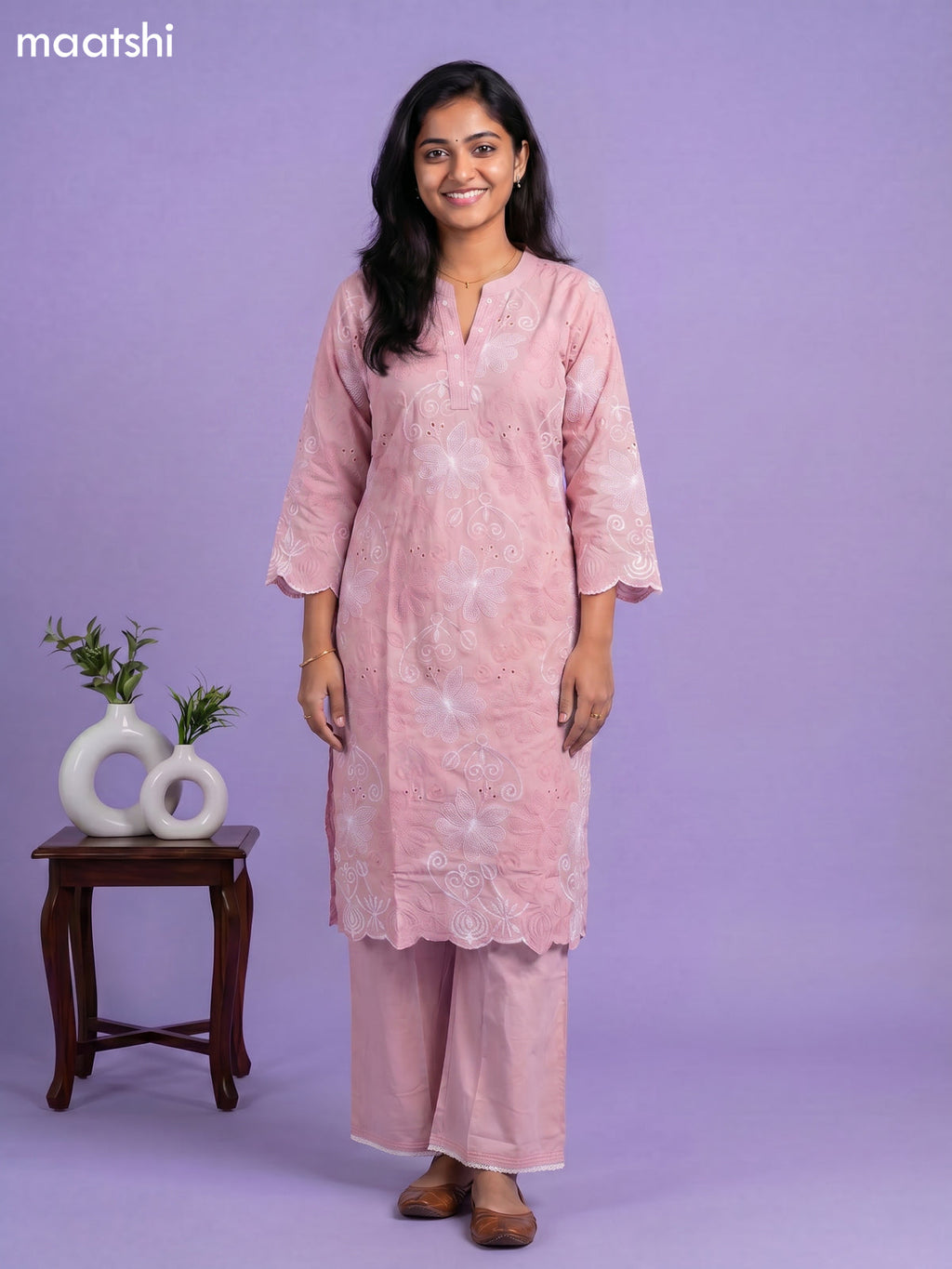 Dark Peach Cotton Embroidery & Hakoba Work Kuti Set