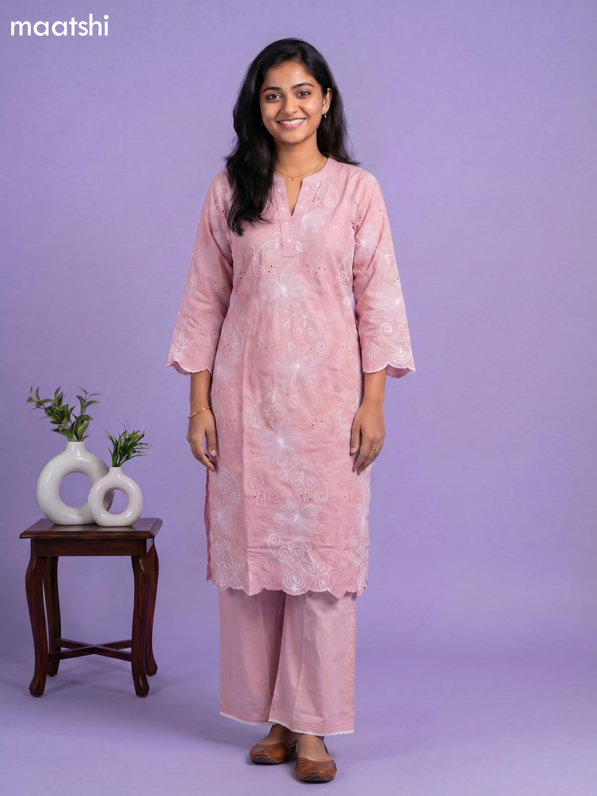 Dark Peach Cotton Embroidery & Hakoba Work Kuti Set