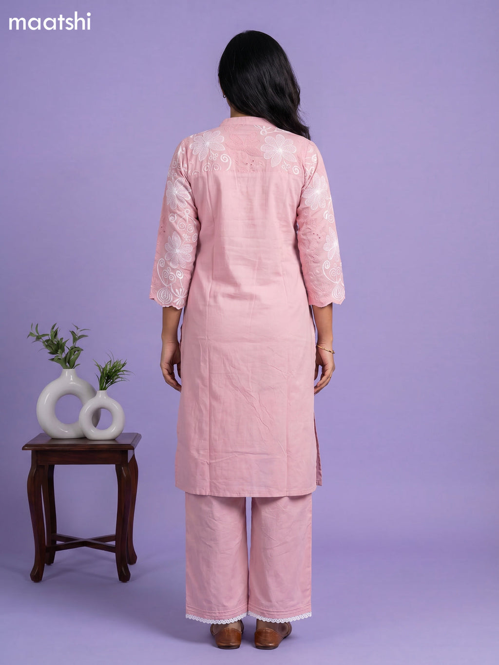 Dark Peach Cotton Embroidery & Hakoba Work Kuti Set