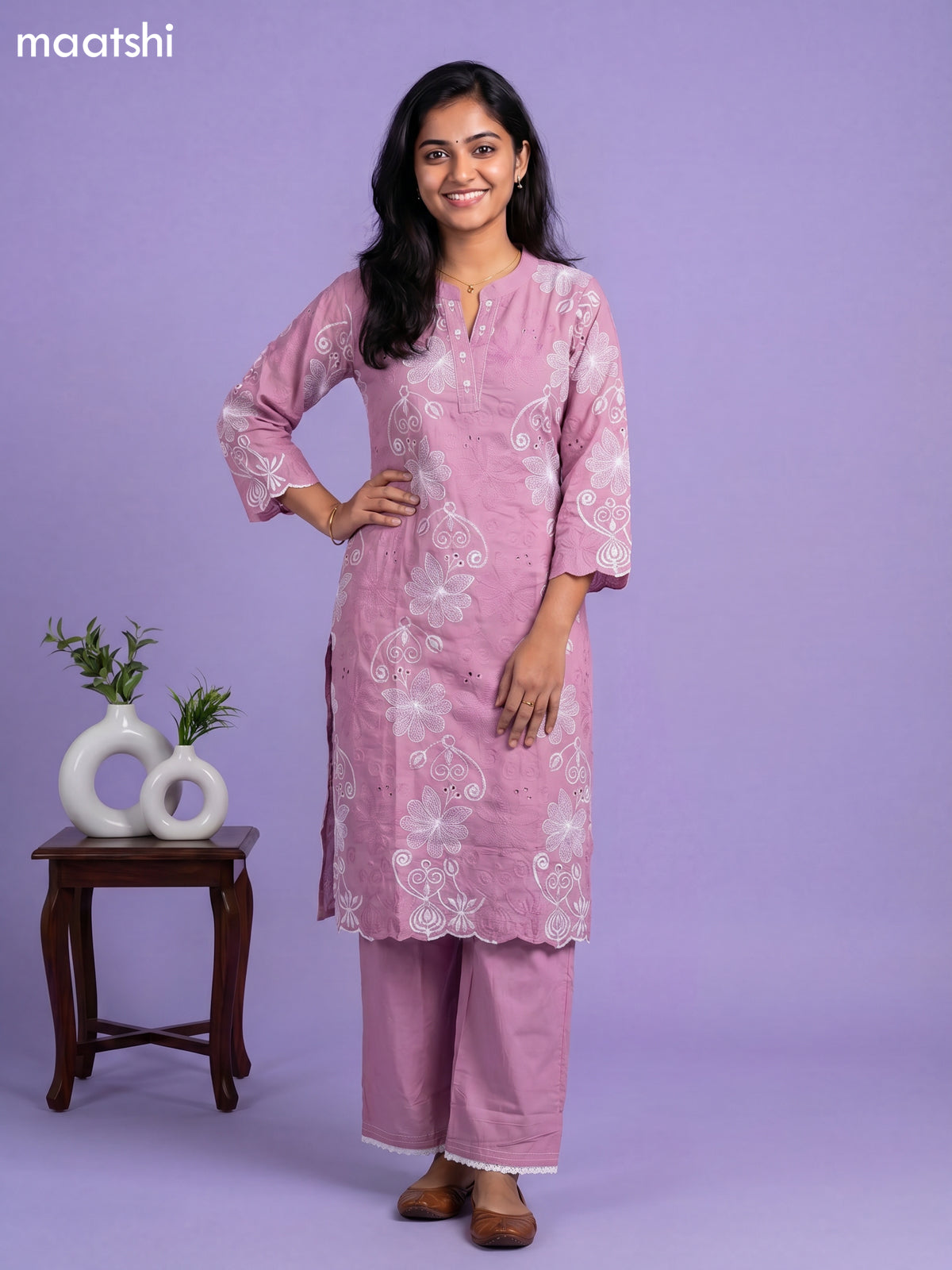 Mauve Pink Cotton Embroidery & Hakoba Work Kuti Set