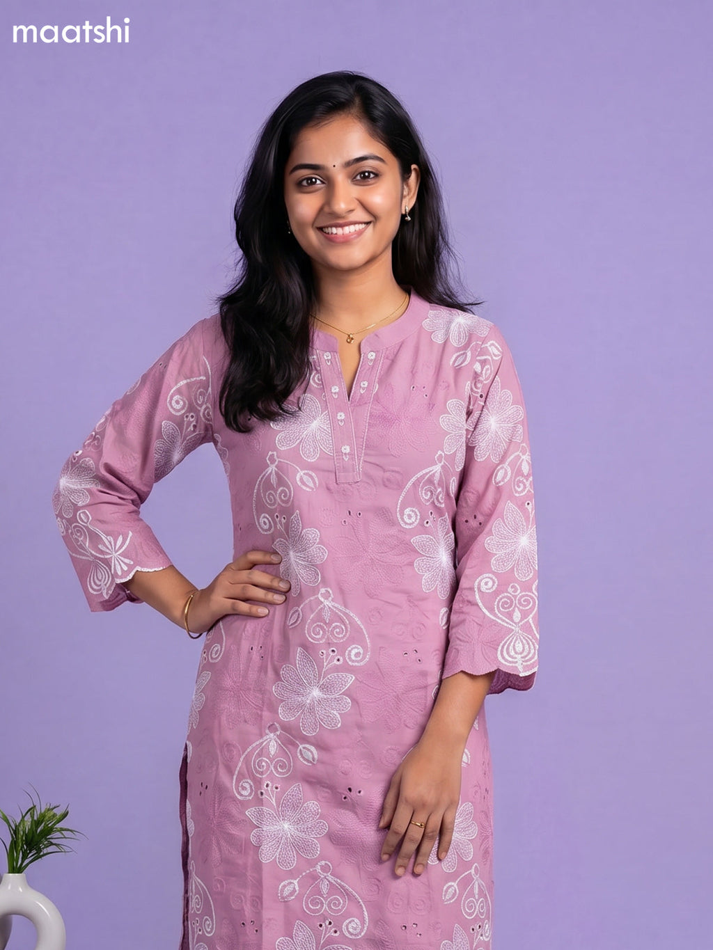 Mauve Pink Cotton Embroidery & Hakoba Work Kuti Set