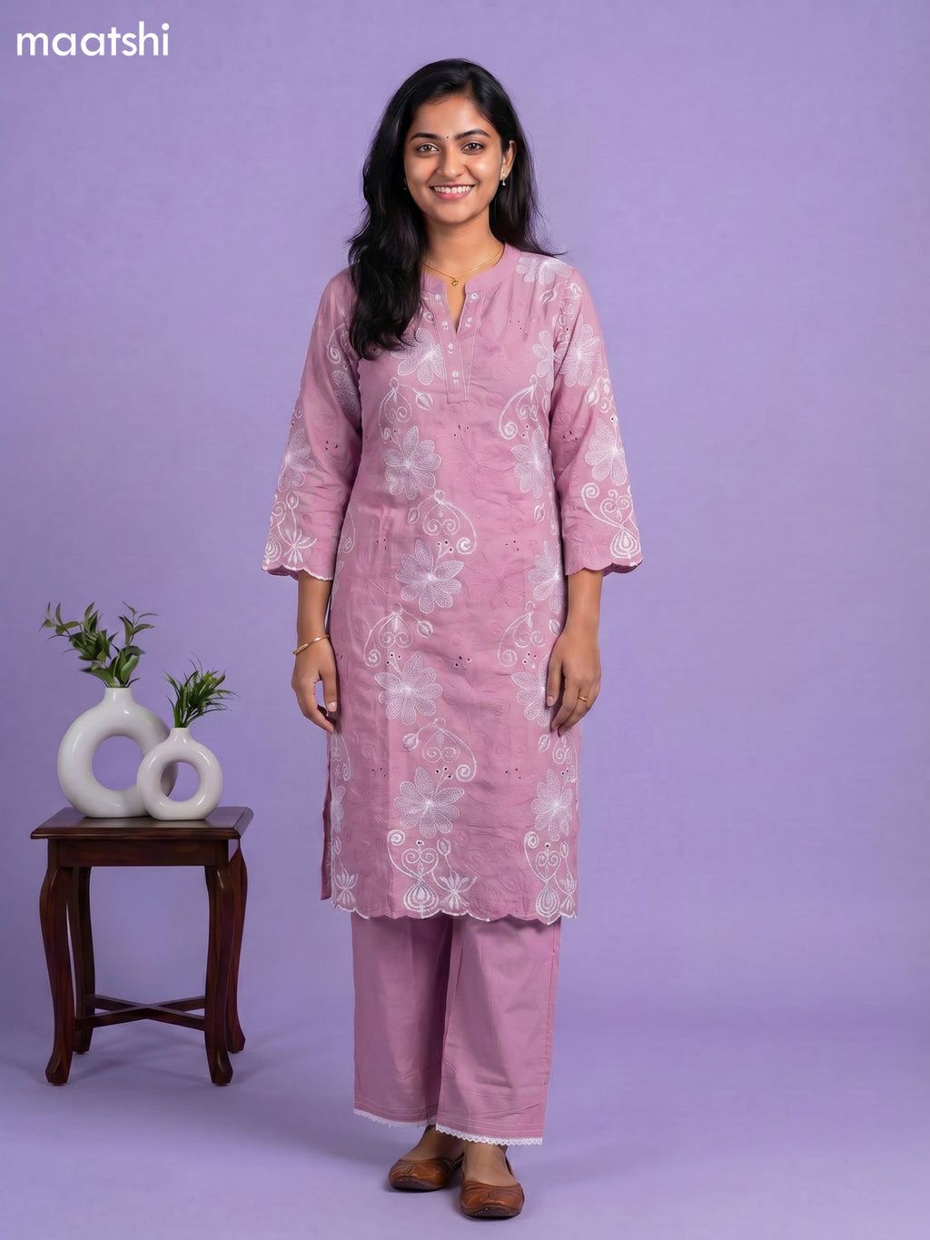 Mauve Pink Cotton Embroidery & Hakoba Work Kuti Set