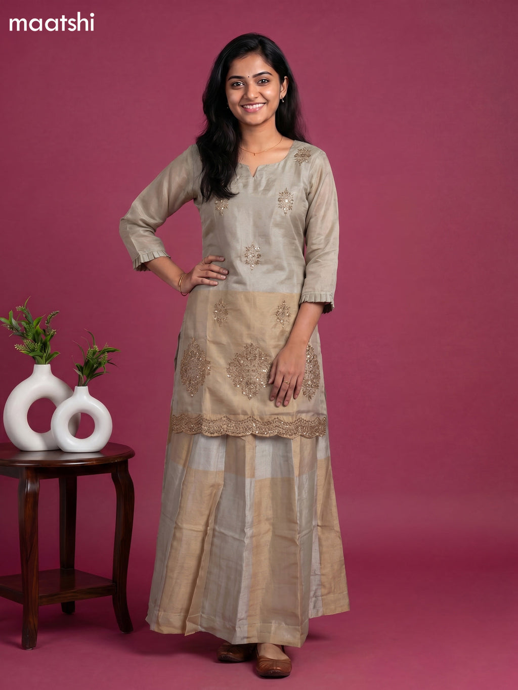 Beige and Gold Tissue Embroidery Work Short Straight Suit
