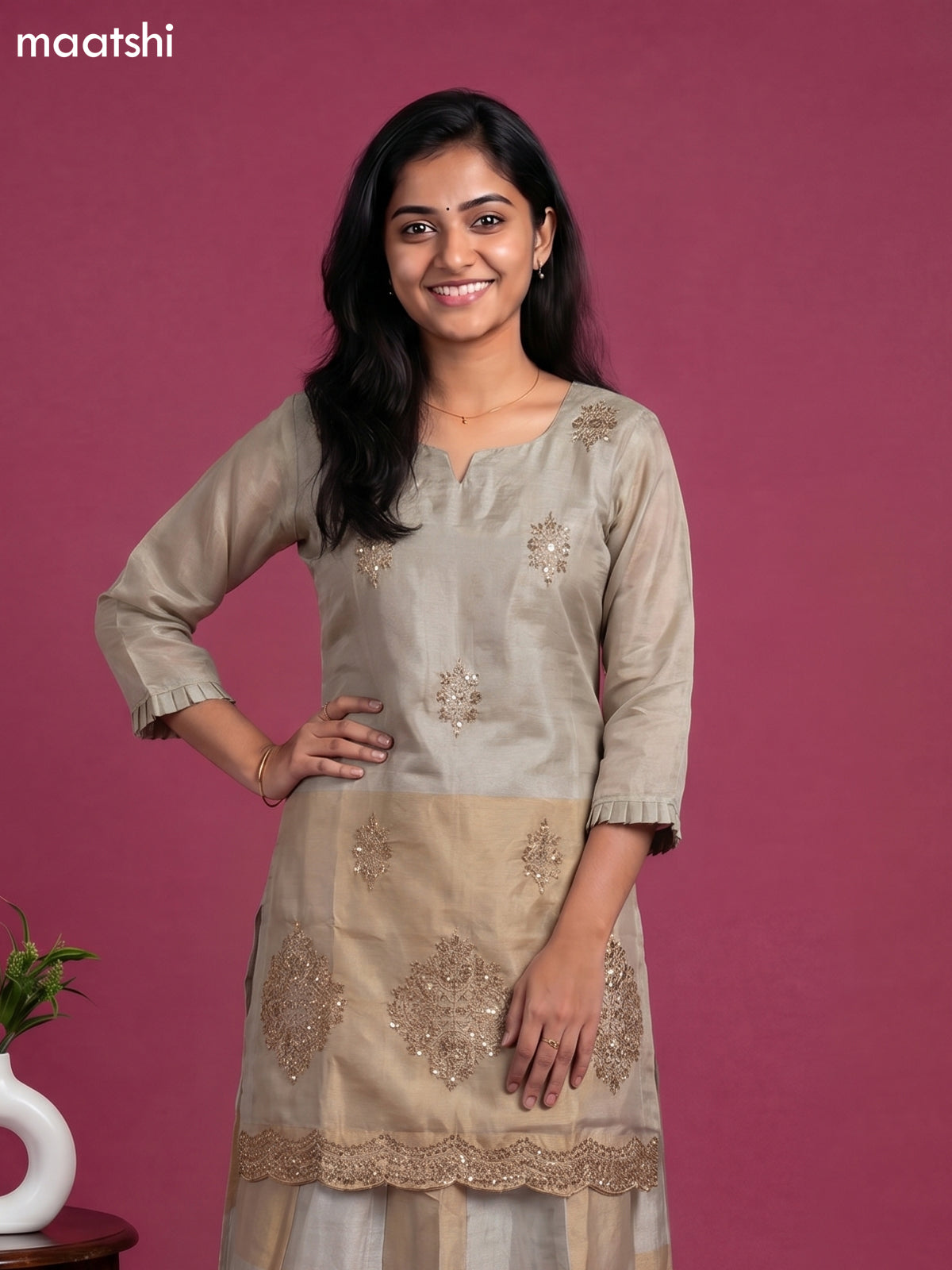 Beige and Gold Tissue Embroidery Work Short Straight Suit