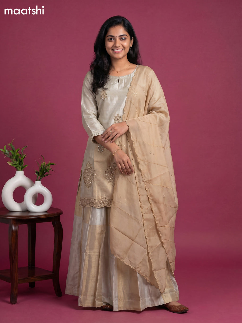 Beige and Gold Tissue Embroidery Work Short Straight Suit