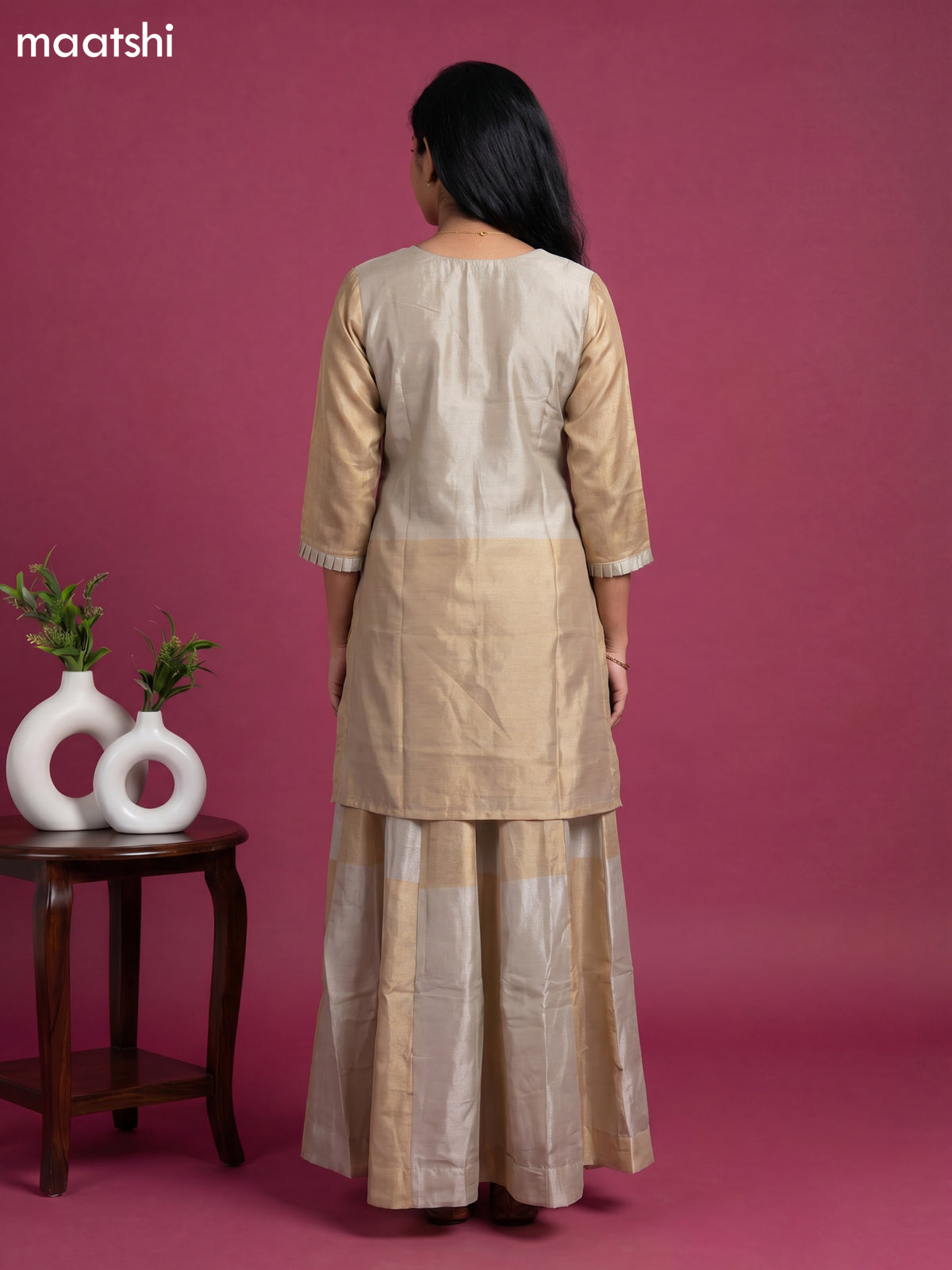 Beige and Gold Tissue Embroidery Work Short Straight Suit
