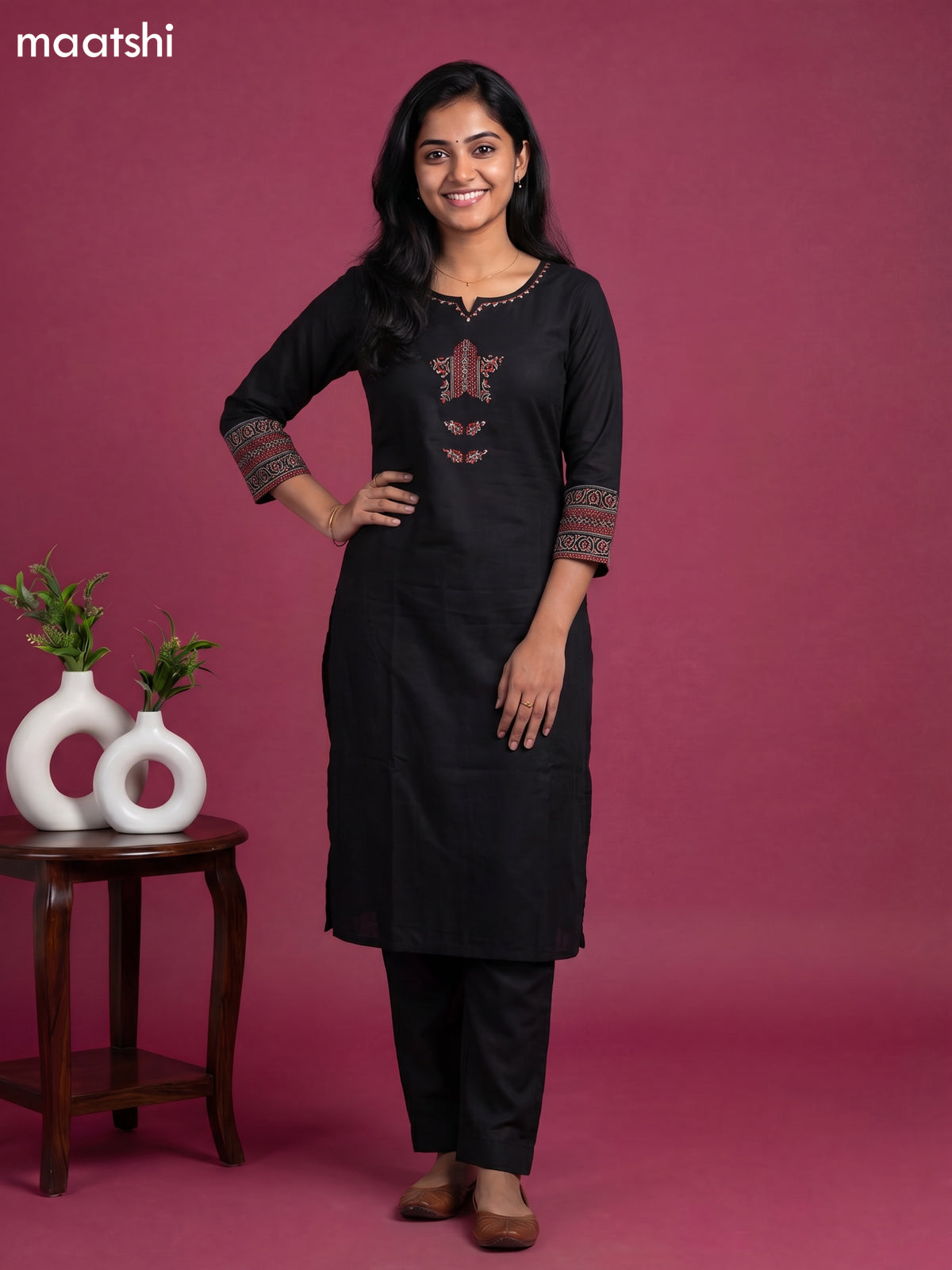 Black Cotton Embroidery & Patch Work Straight Suit
