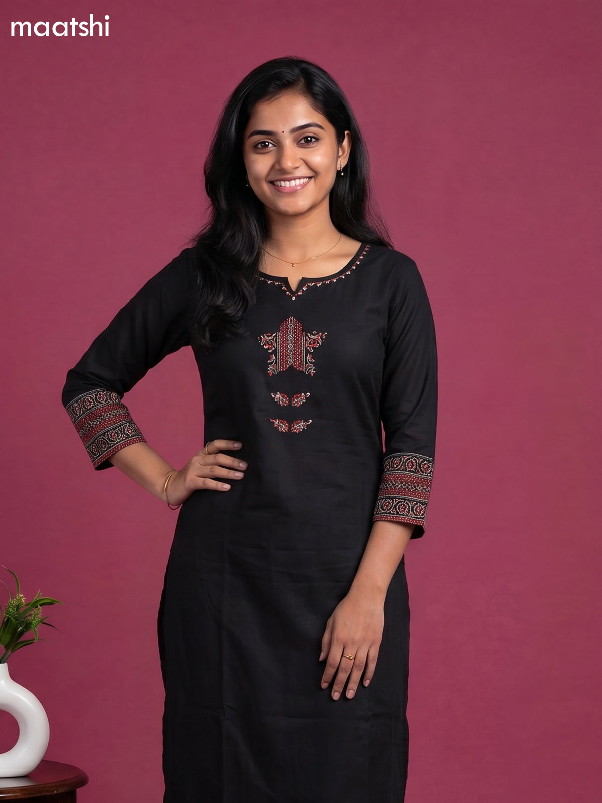 Black Cotton Embroidery & Patch Work Straight Suit