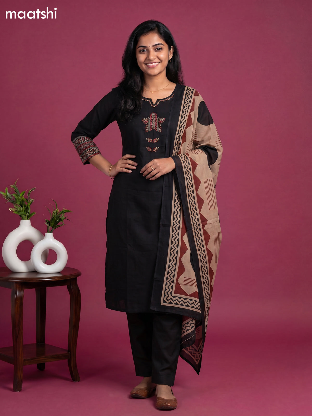 Black Cotton Embroidery & Patch Work Straight Suit