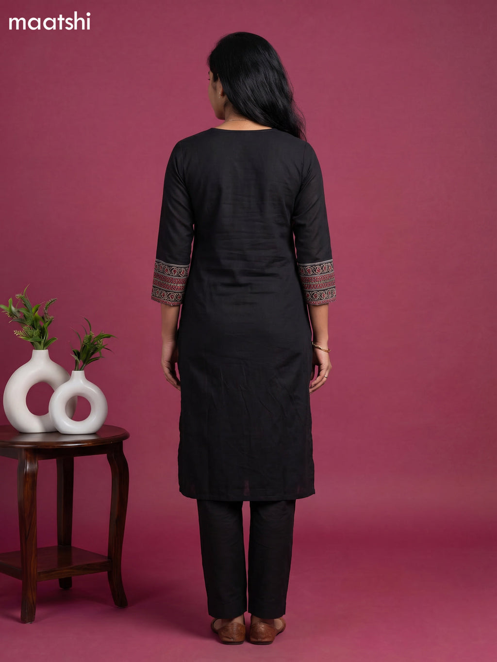 Black Cotton Embroidery & Patch Work Straight Suit
