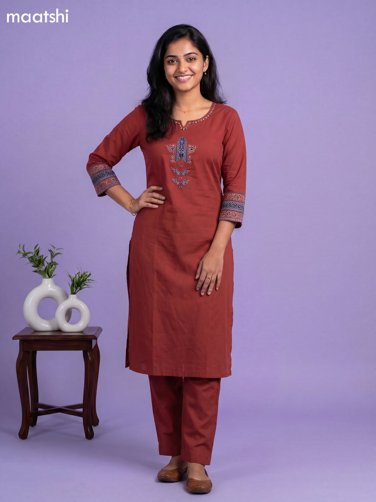 Rustic Maroon Cotton Embroidery & Patch Work Straight Suit