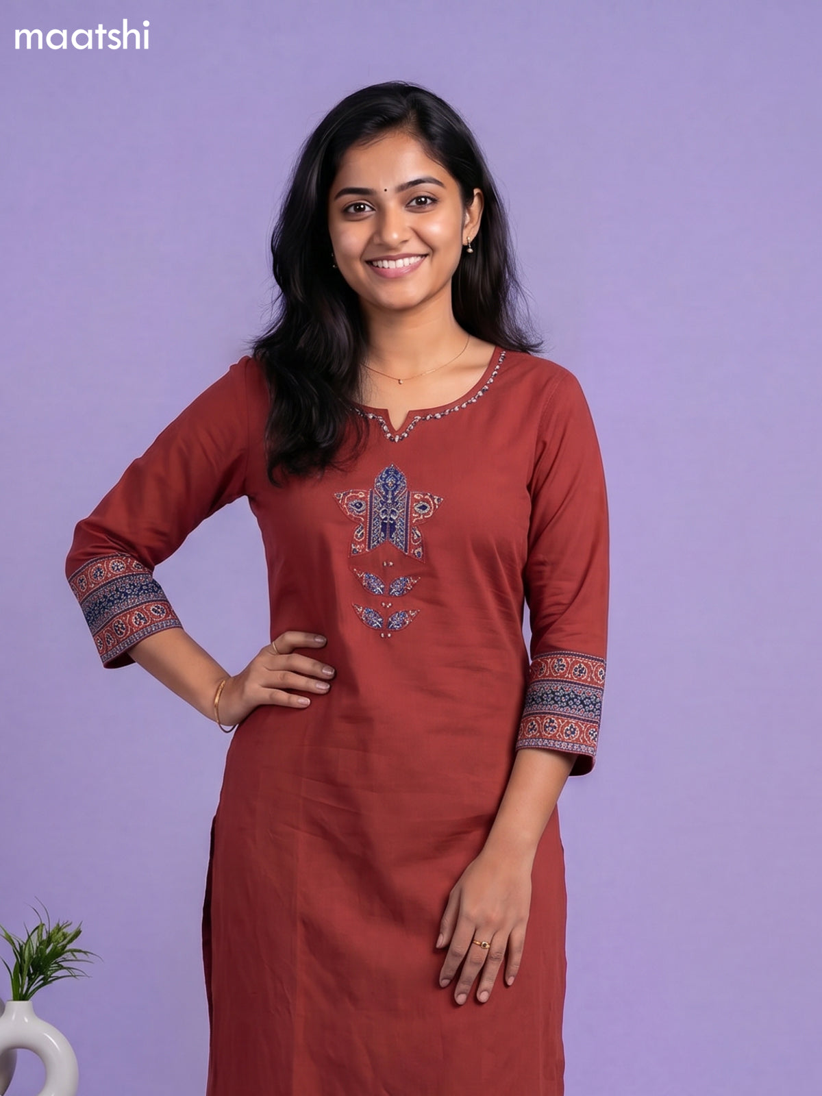 Rustic Maroon Cotton Embroidery & Patch Work Straight Suit