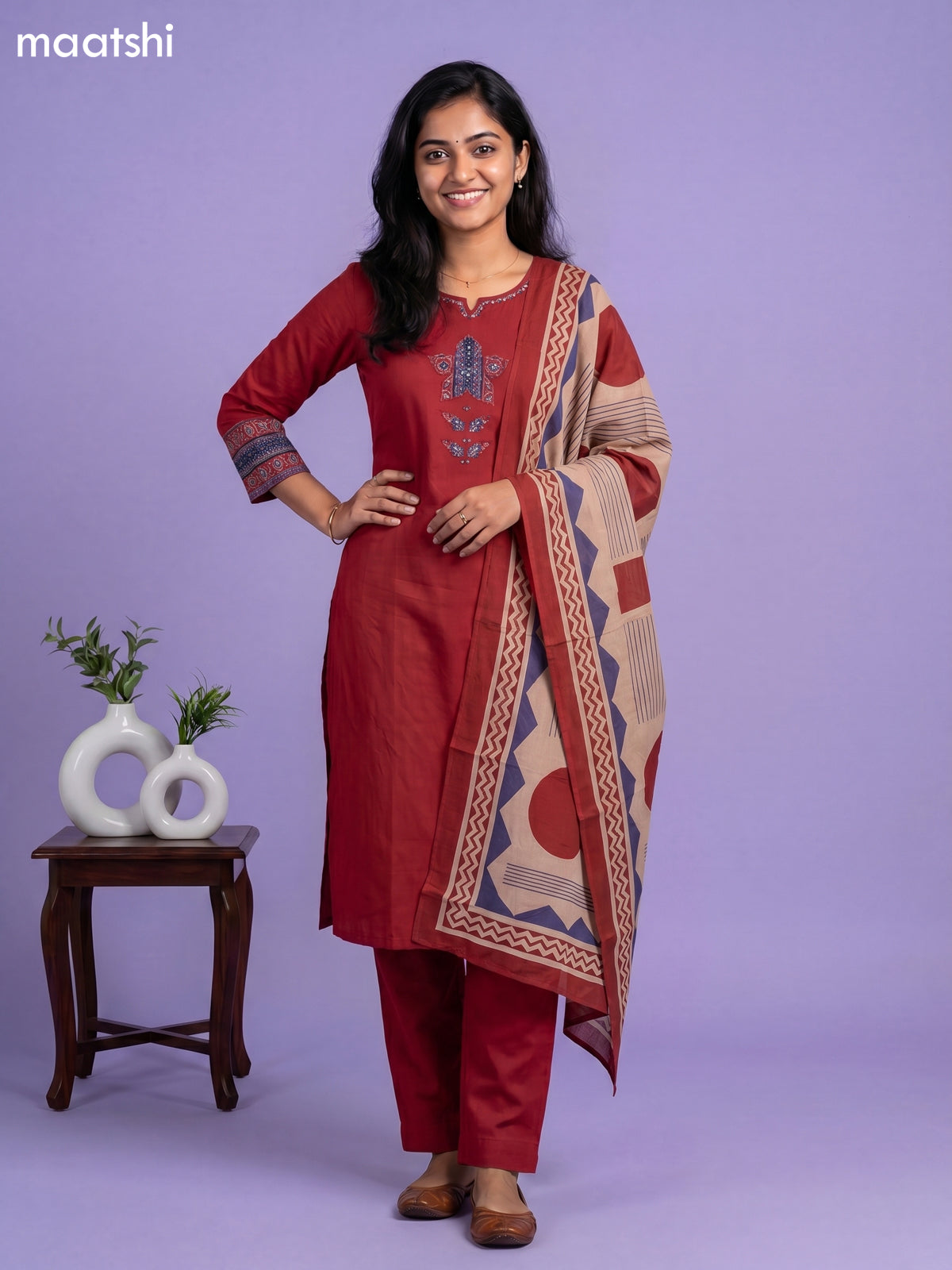 Rustic Maroon Cotton Embroidery & Patch Work Straight Suit