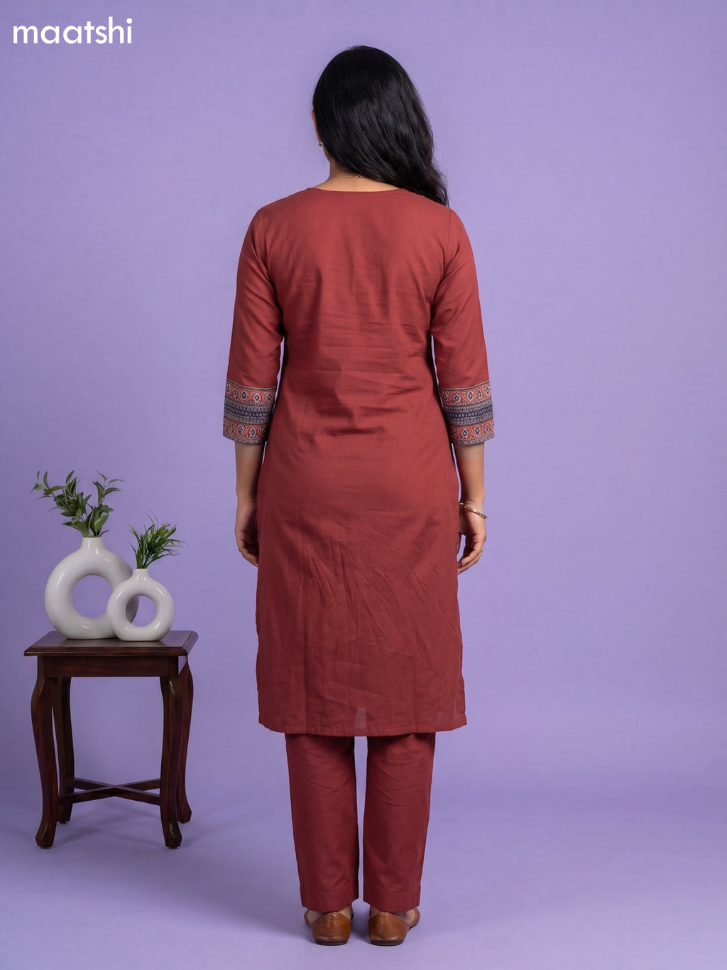 Rustic Maroon Cotton Embroidery & Patch Work Straight Suit
