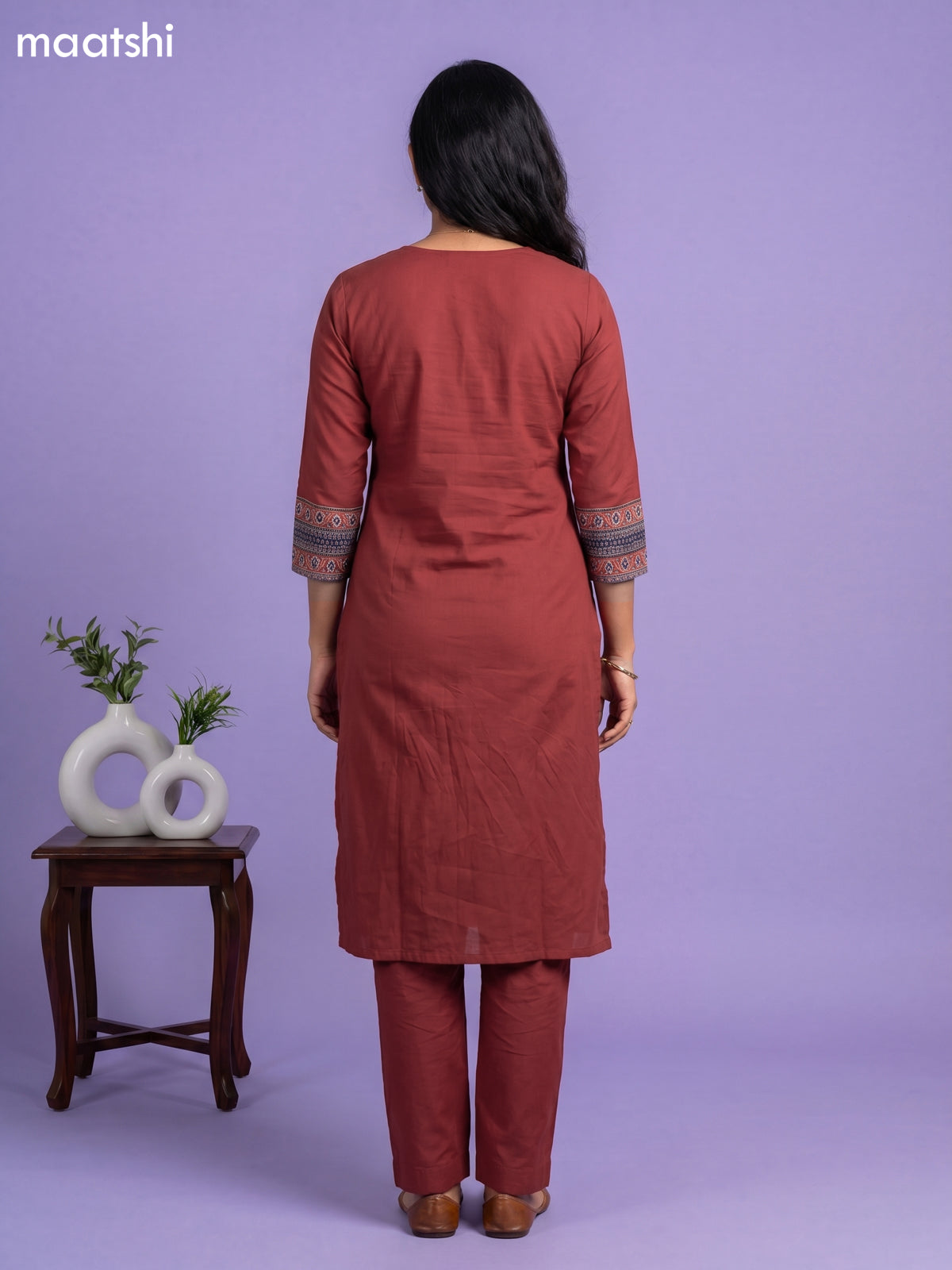 Rustic Maroon Cotton Embroidery & Patch Work Straight Suit