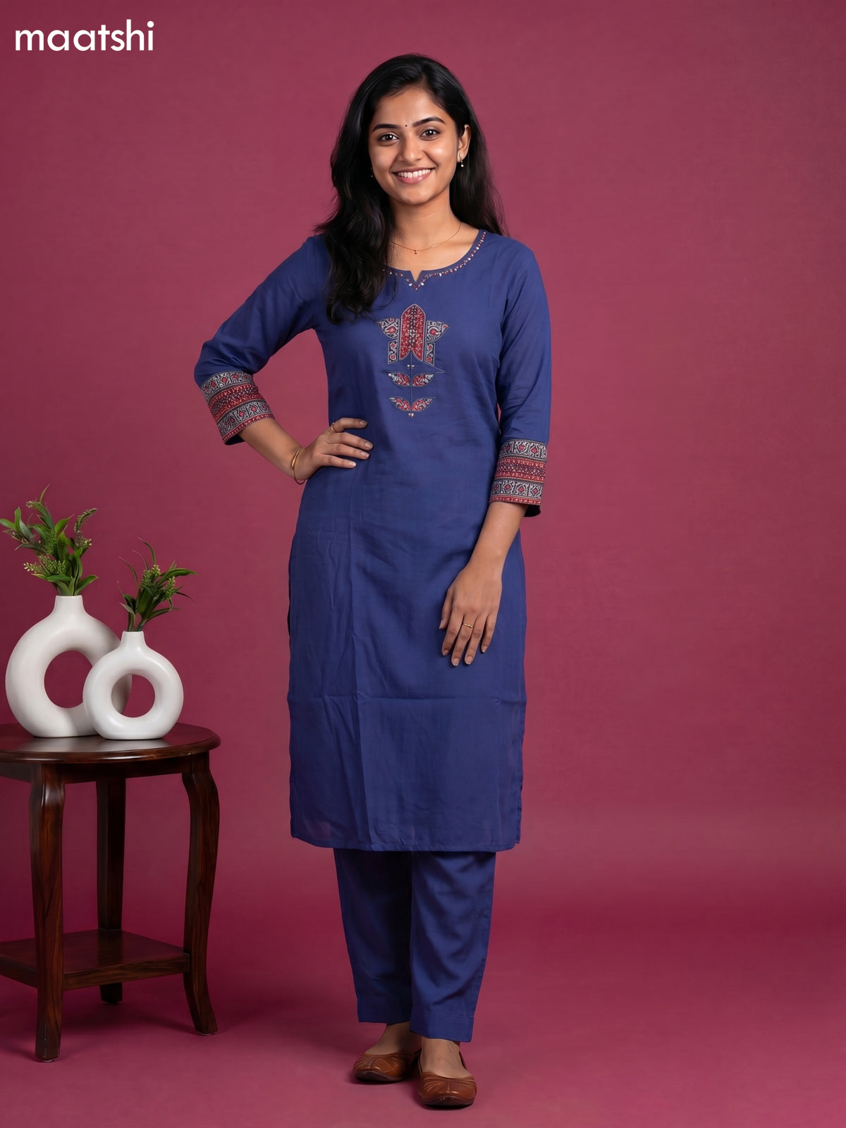 Blue Cotton Embroidery & Patch Work Straight Suit