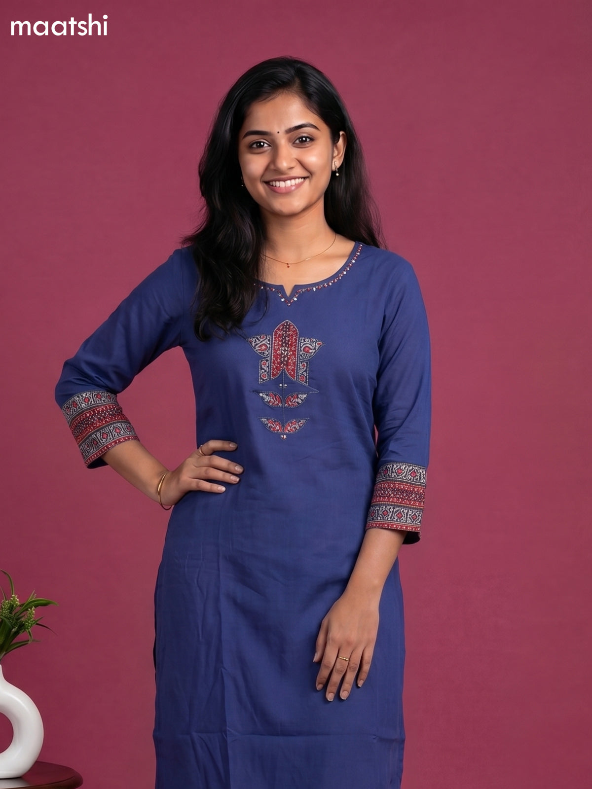 Blue Cotton Embroidery & Patch Work Straight Suit