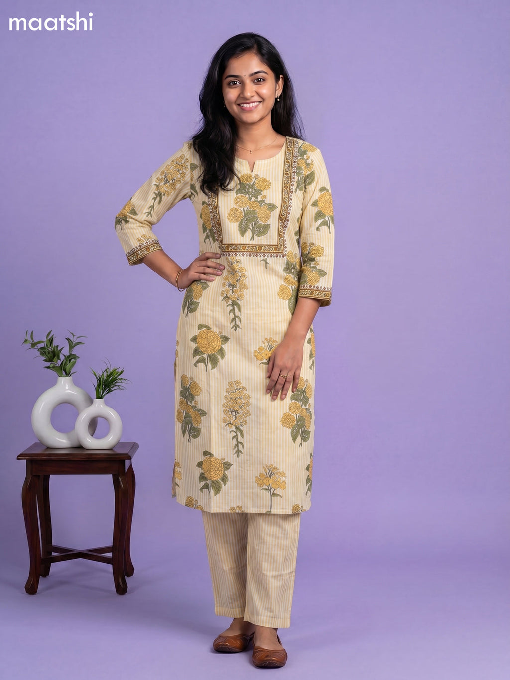 Pale Yellow and Off White Cotton Floral Printed Straight Suit