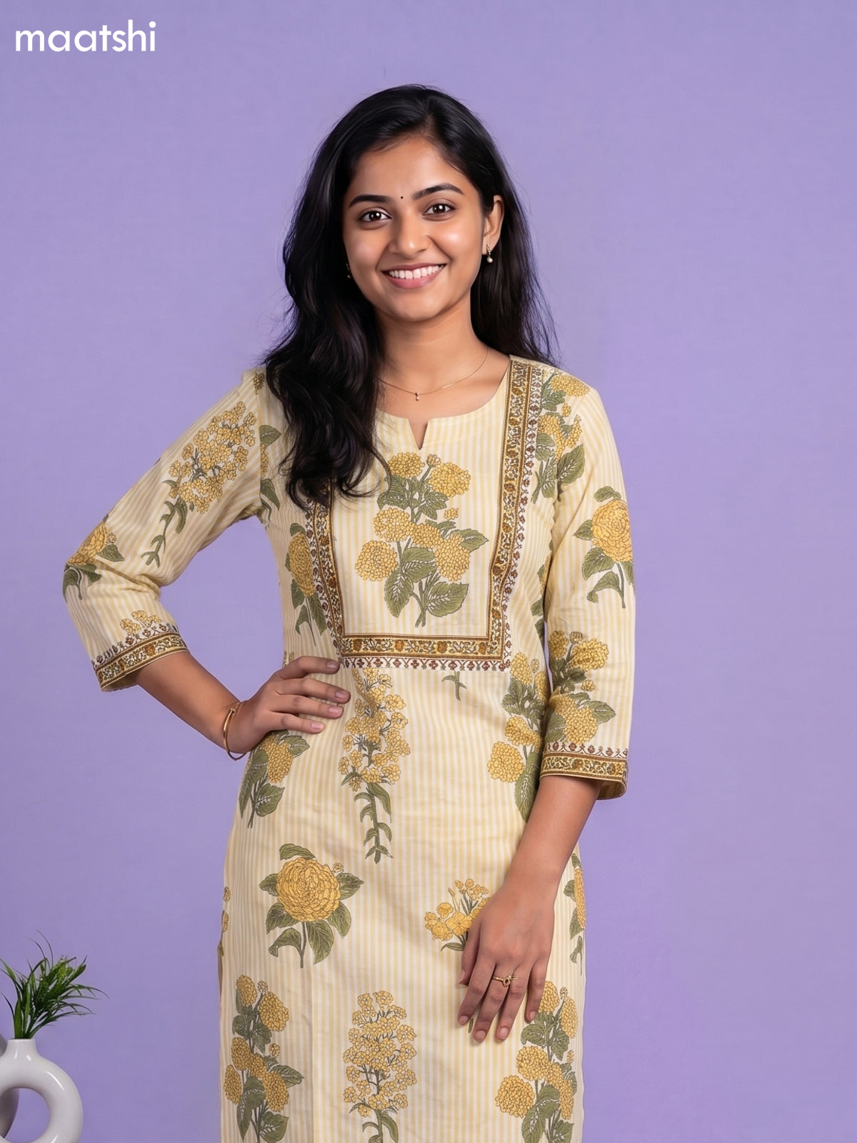 Pale Yellow and Off White Cotton Floral Printed Straight Suit