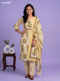 Pale Yellow and Off White Cotton Floral Printed Straight Suit