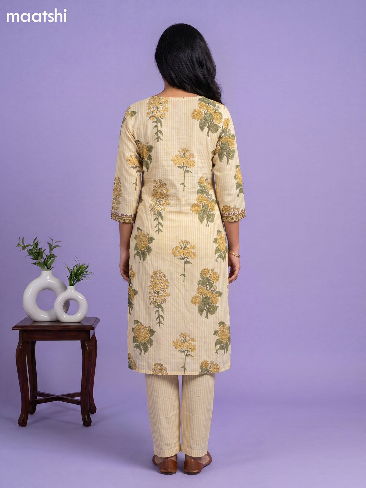 Pale Yellow and Off White Cotton Floral Printed Straight Suit