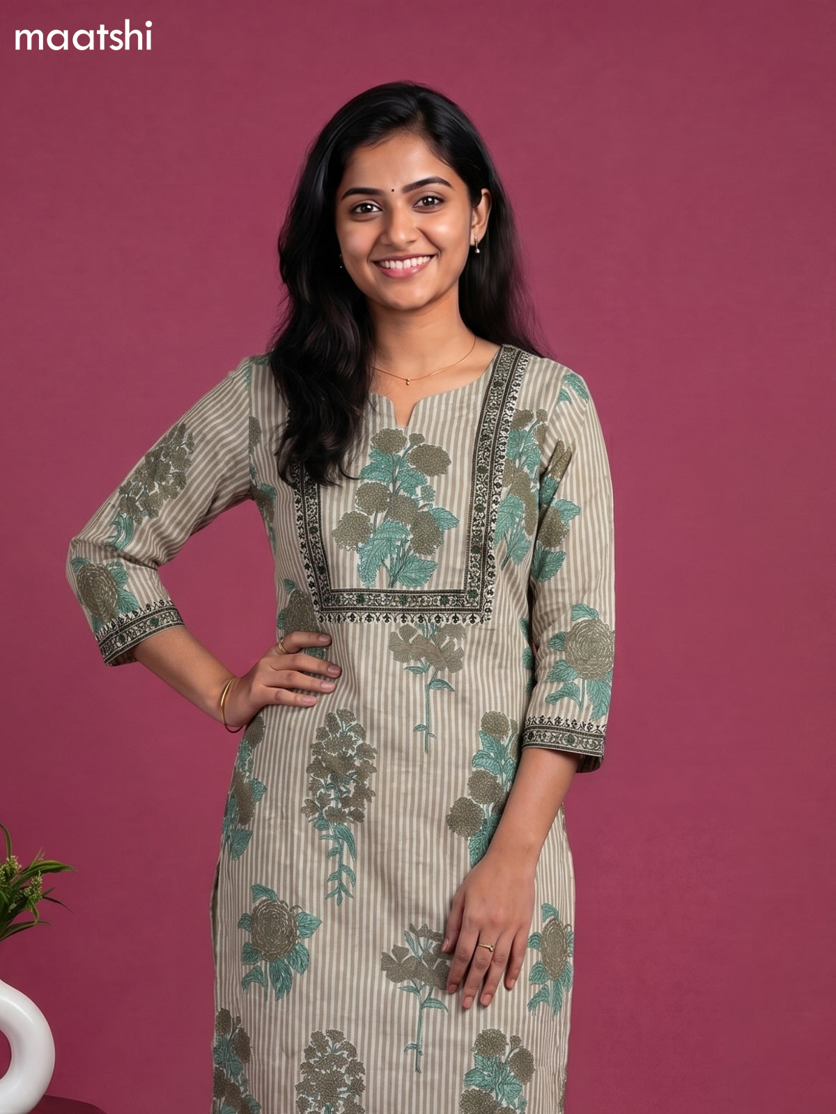 Sap Green and Off White Cotton Floral Printed Straight Suit