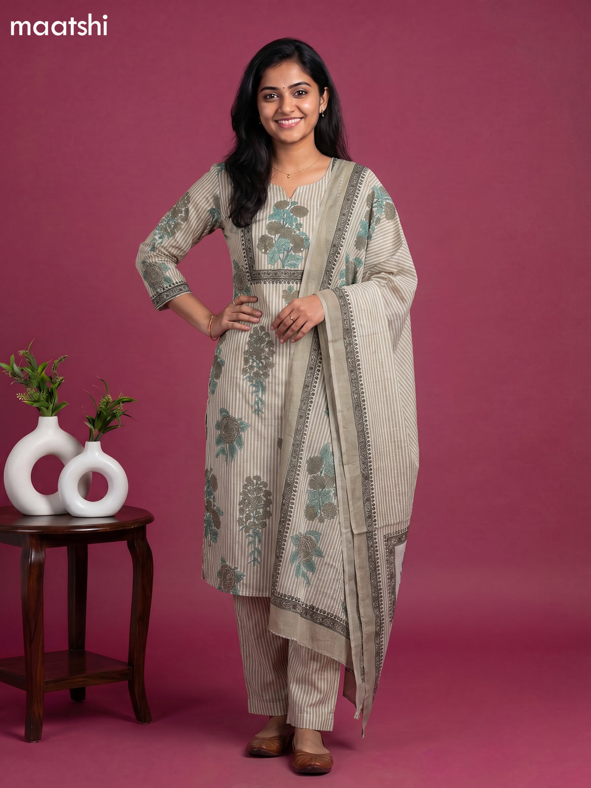 Sap Green and Off White Cotton Floral Printed Straight Suit
