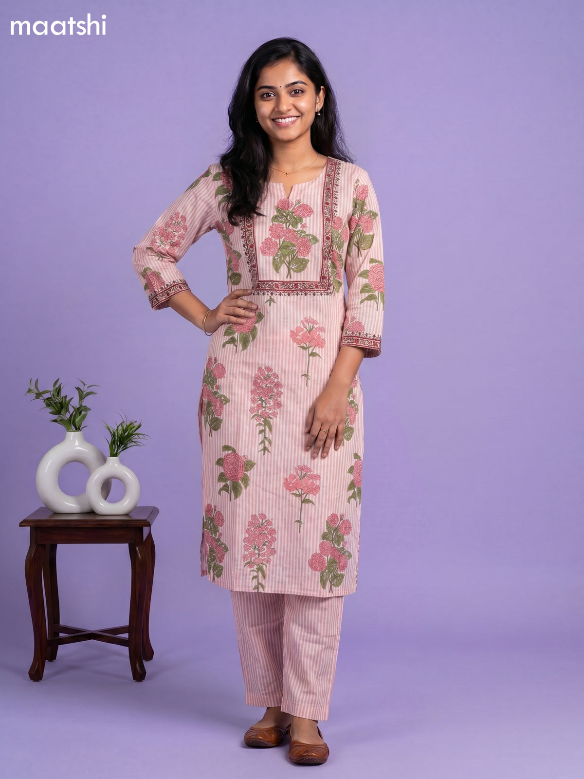 Peach and Off White Cotton Floral Printed Straight Suit