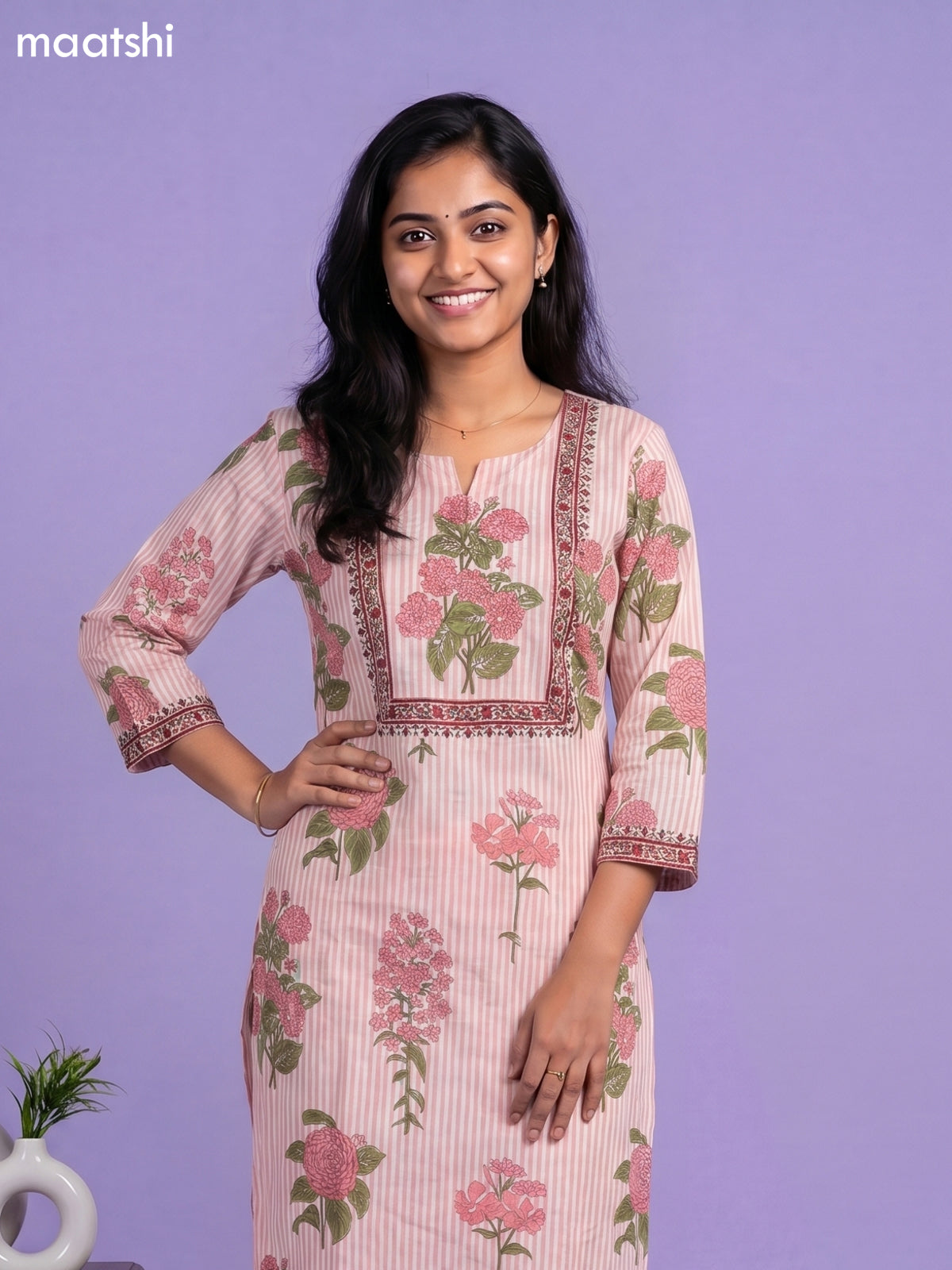 Peach and Off White Cotton Floral Printed Straight Suit