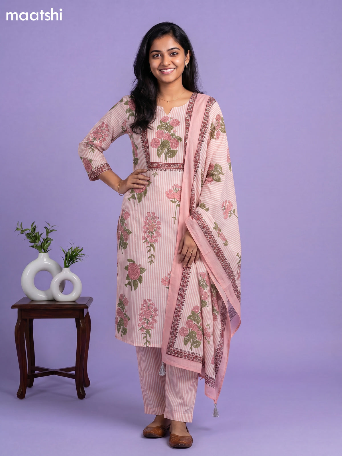 Peach and Off White Cotton Floral Printed Straight Suit