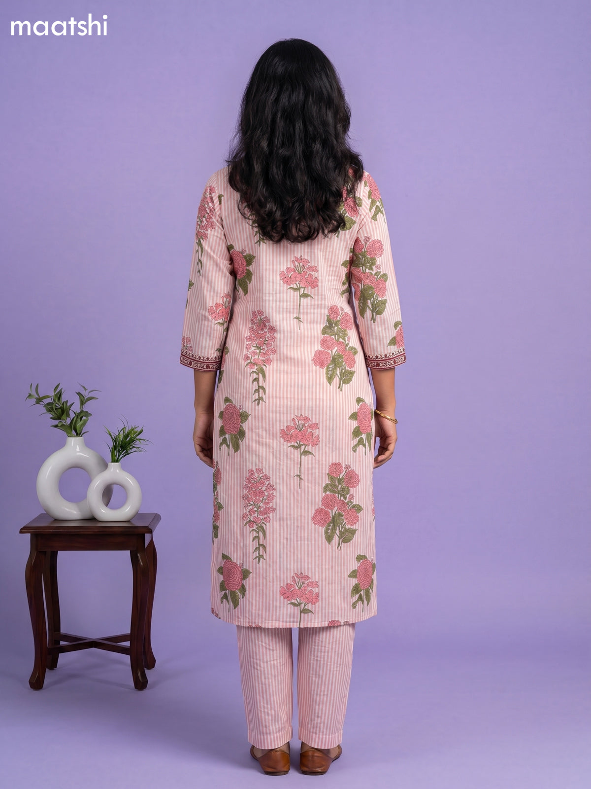 Peach and Off White Cotton Floral Printed Straight Suit