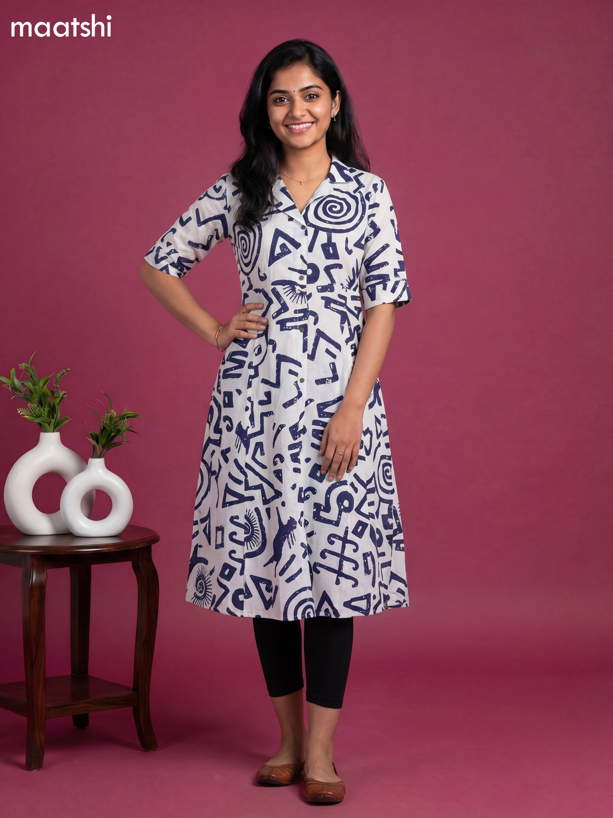 Off White and Blue Cotton Printed Anarkali Kurti