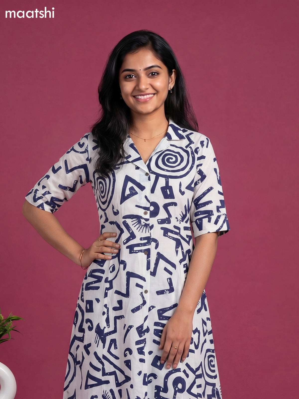 Off White and Blue Cotton Printed Anarkali Kurti