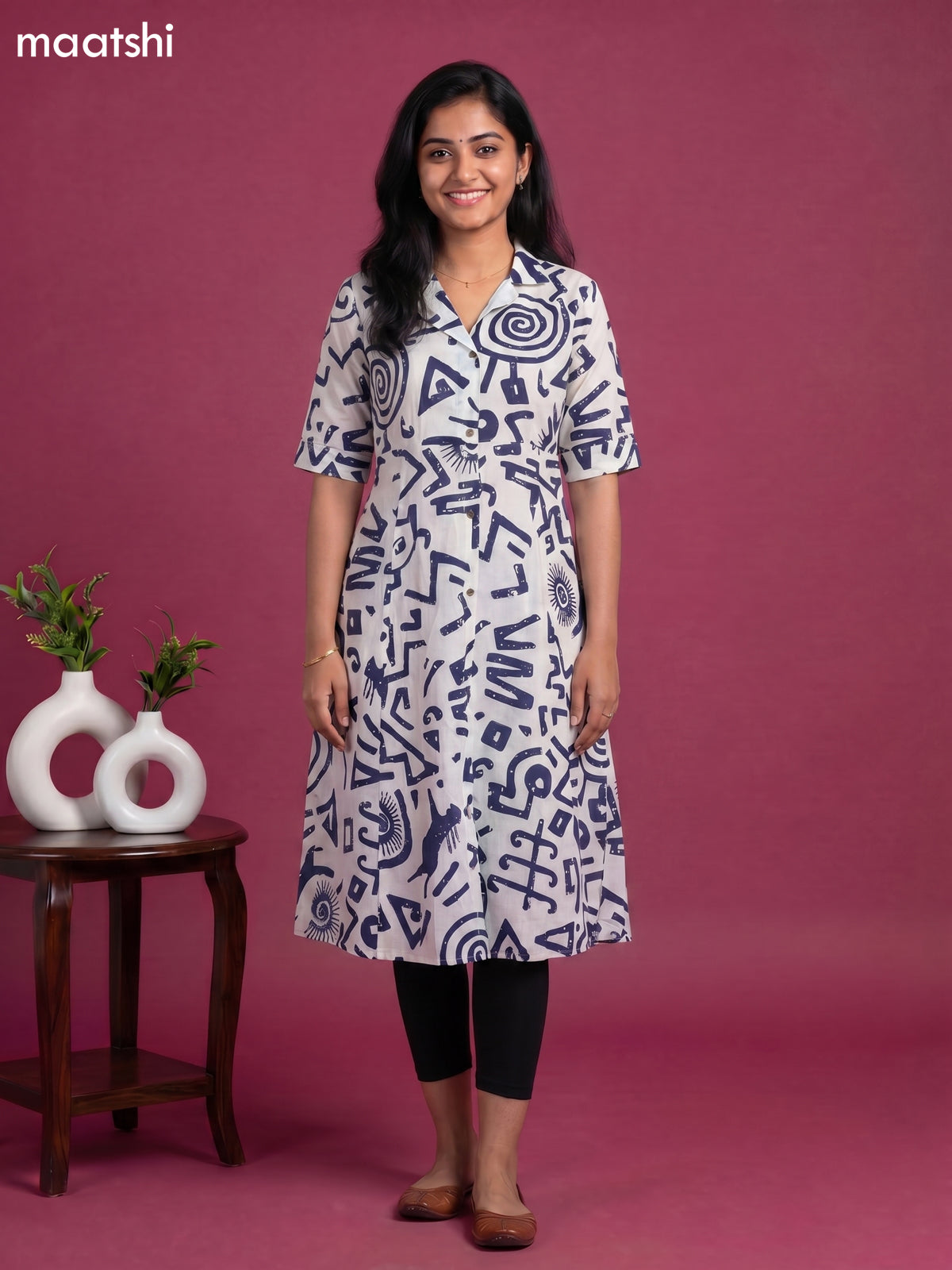 Off White and Blue Cotton Printed Anarkali Kurti
